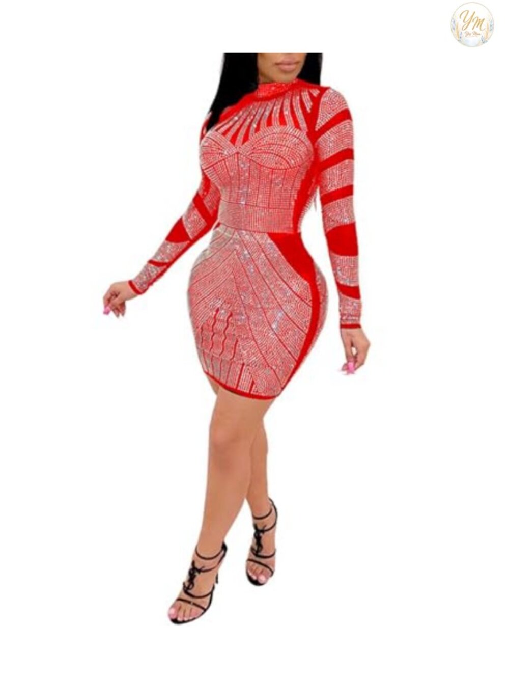 Rhinestone Mesh Bodycon Evening Gown Long Sleeve Party Club Dress